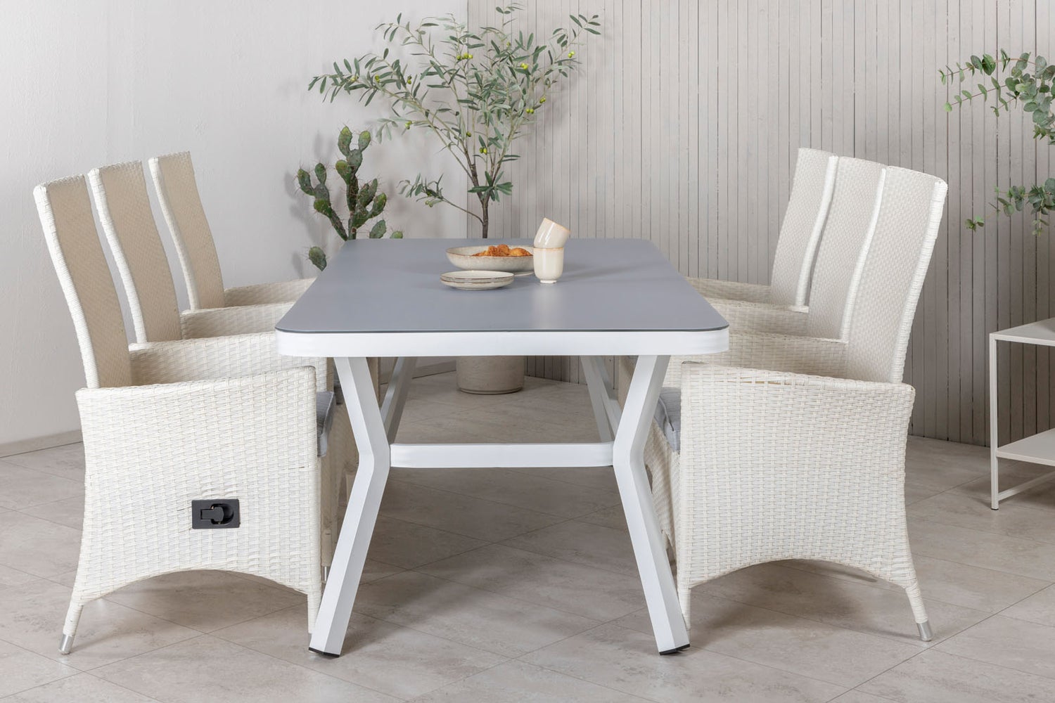 Tuinset Virya: tafel 100x200cm en 6 stoelen, Padova, wit en grijs. 100 x 200 x 74 cm