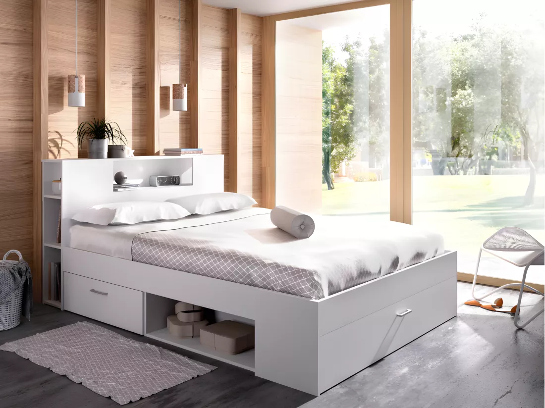 Lit avec tête de lit rangements et tiroirs - 160 x 200cm - Coloris : Blanc - LEANDRE