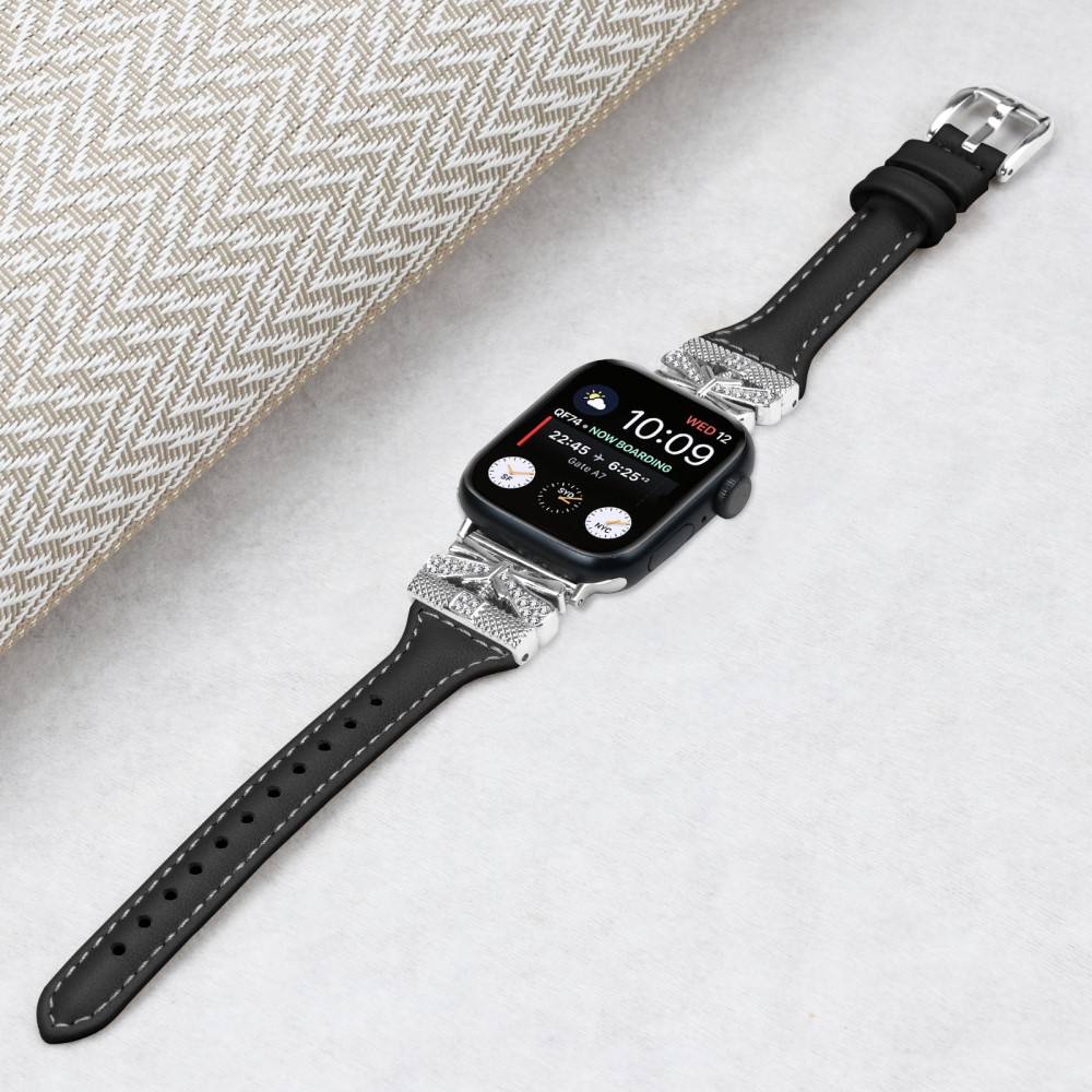 Apple Watch (42/41/40/38 mm) Leder Armband im Slim Design mit silberner Glitzerstein-Schnalle (Gelenkumfang: 175-220mm) - Schwarz