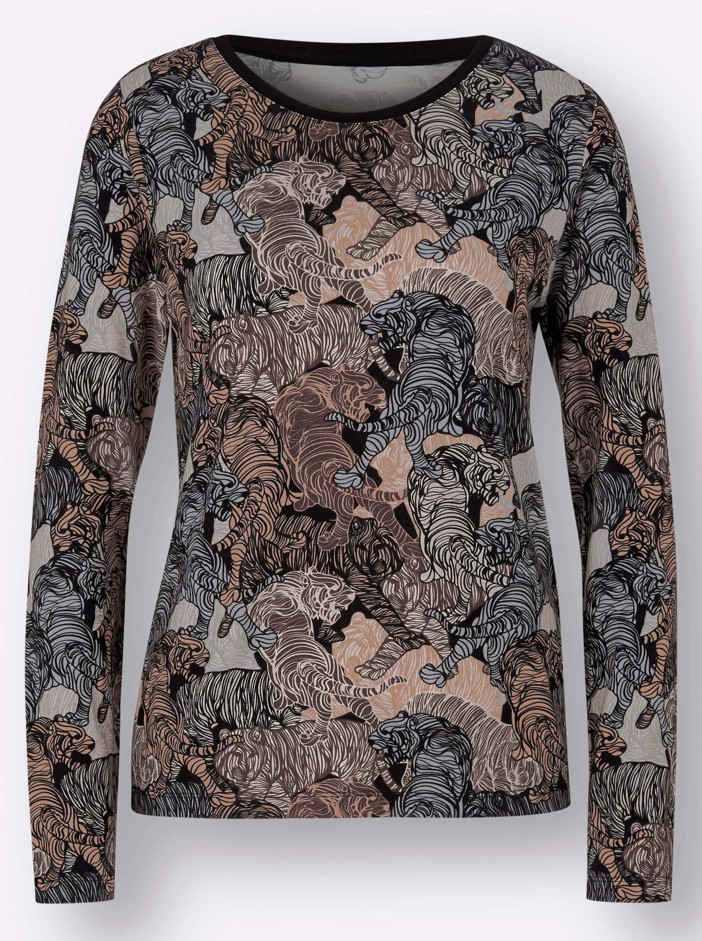 Langarmshirt in schwarz-sand-bedruckt