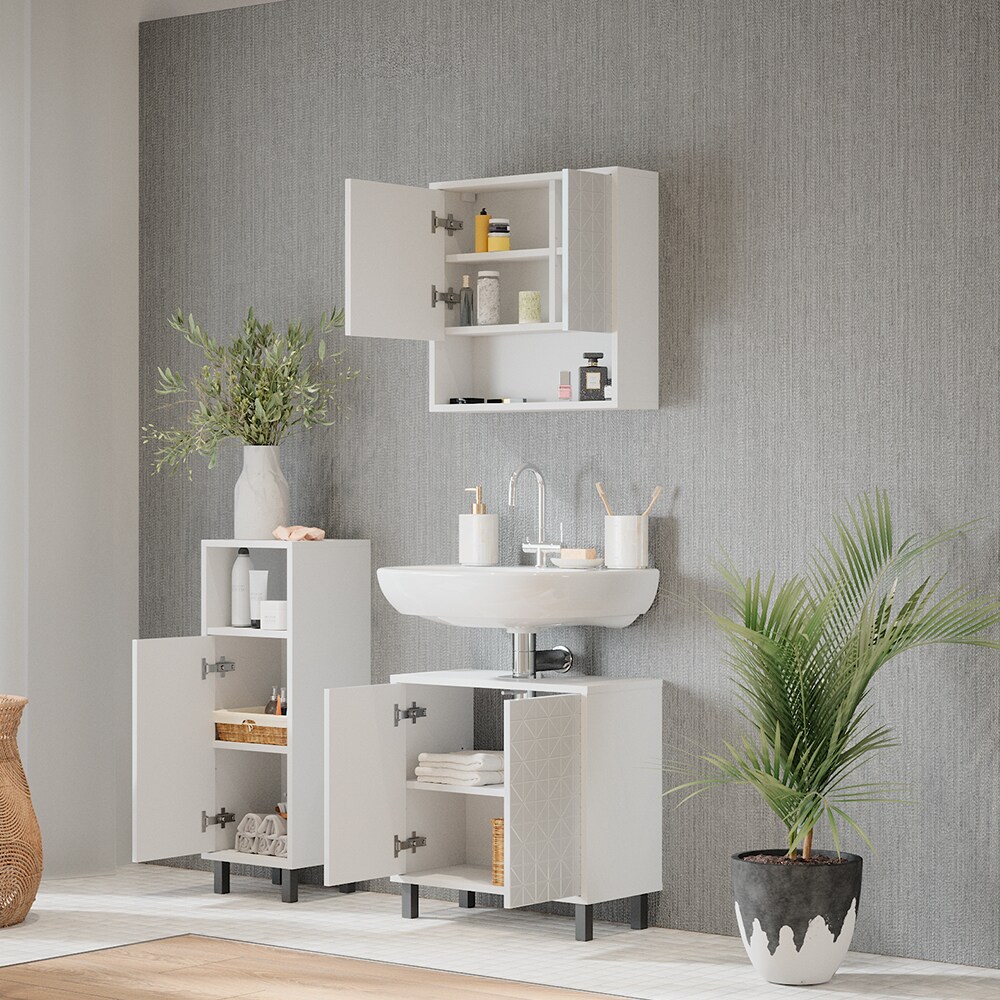 Vicco Badmöbel-Set Agasta weiß, Badezimmerschränke 3D Optik