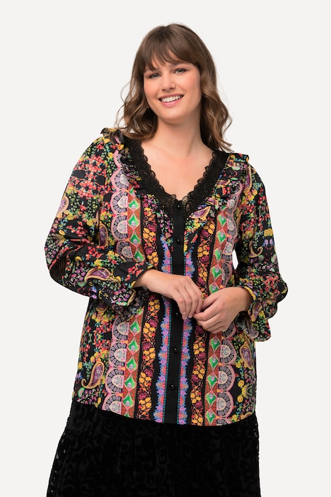 Bluse, Spitze, Rüschen, V-Ausschnitt, Langarm