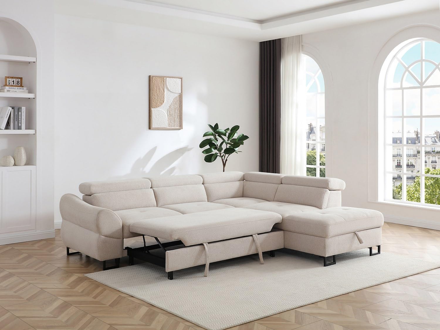 Vente-unique-Ecksofa mit Schlaffunktion – Ecke rechts – Strukturstoff Beige – VAVERDO