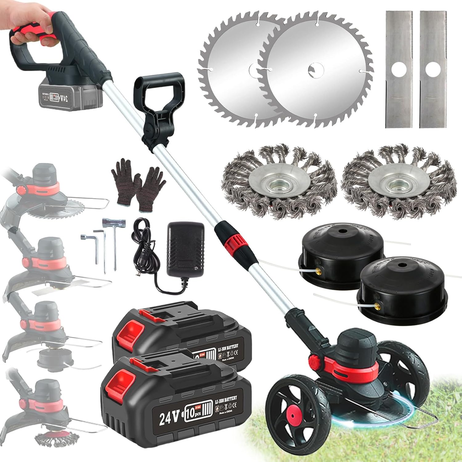 24V Rasentrimmer mit Akku und Unkrautbürste, BRUSHLESS Akku Rasentrimmer für 18V Makita Akku, 4 in 1 Akku Trimmer Messer, 30CM SCHNITTBREITE, 110-160CM Teleskopisch, 2X Akku Freischneider