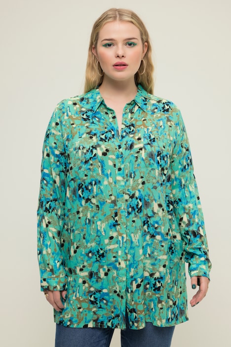 Hemdbluse, Alloverprint, Longform, Hemdkragen, Langarm