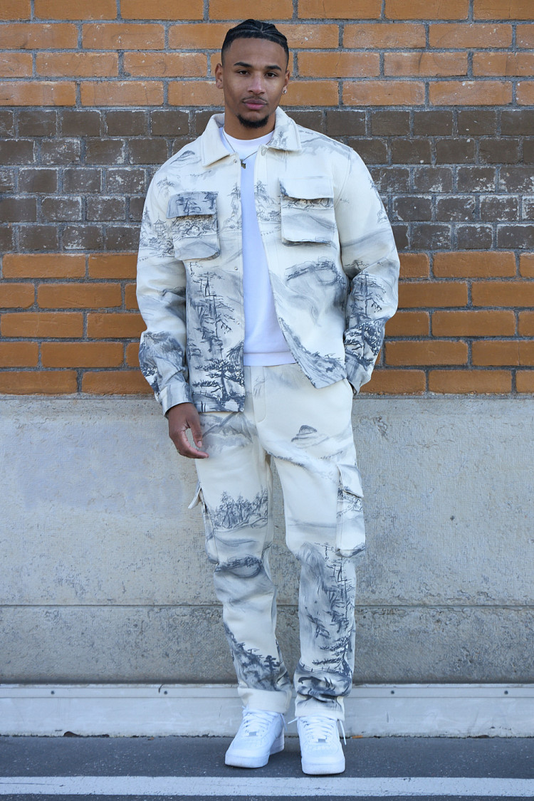 Ensemble 2 pièces veste + jogging beige à motifs paysage