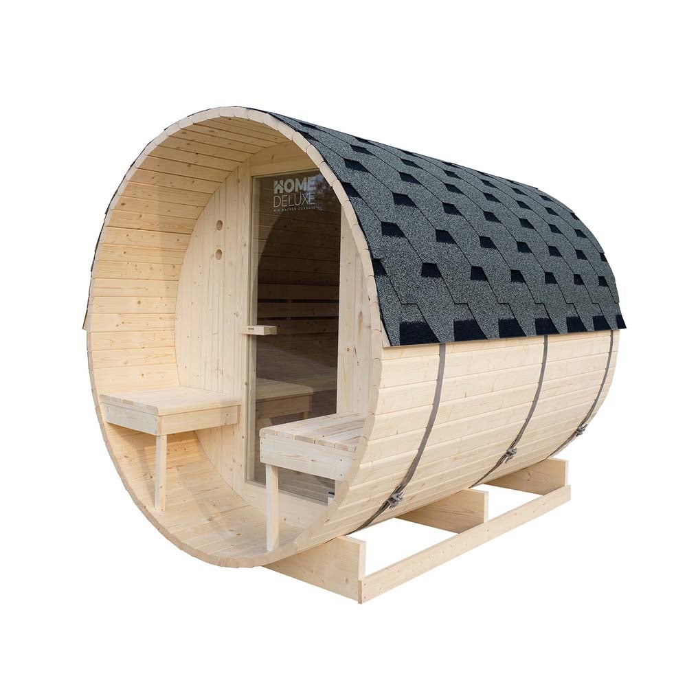 Home Deluxe - Buitenbarrelsauna LAHTI DELUXE L - Afmetingen: ca. 195 cm x 192 cm x 220 cm, Houtsoort: Vurenhout - incl. saunakachel en saunatoebehoren | Tuinsauna, buitensauna, barrelsauna voor 4 personen