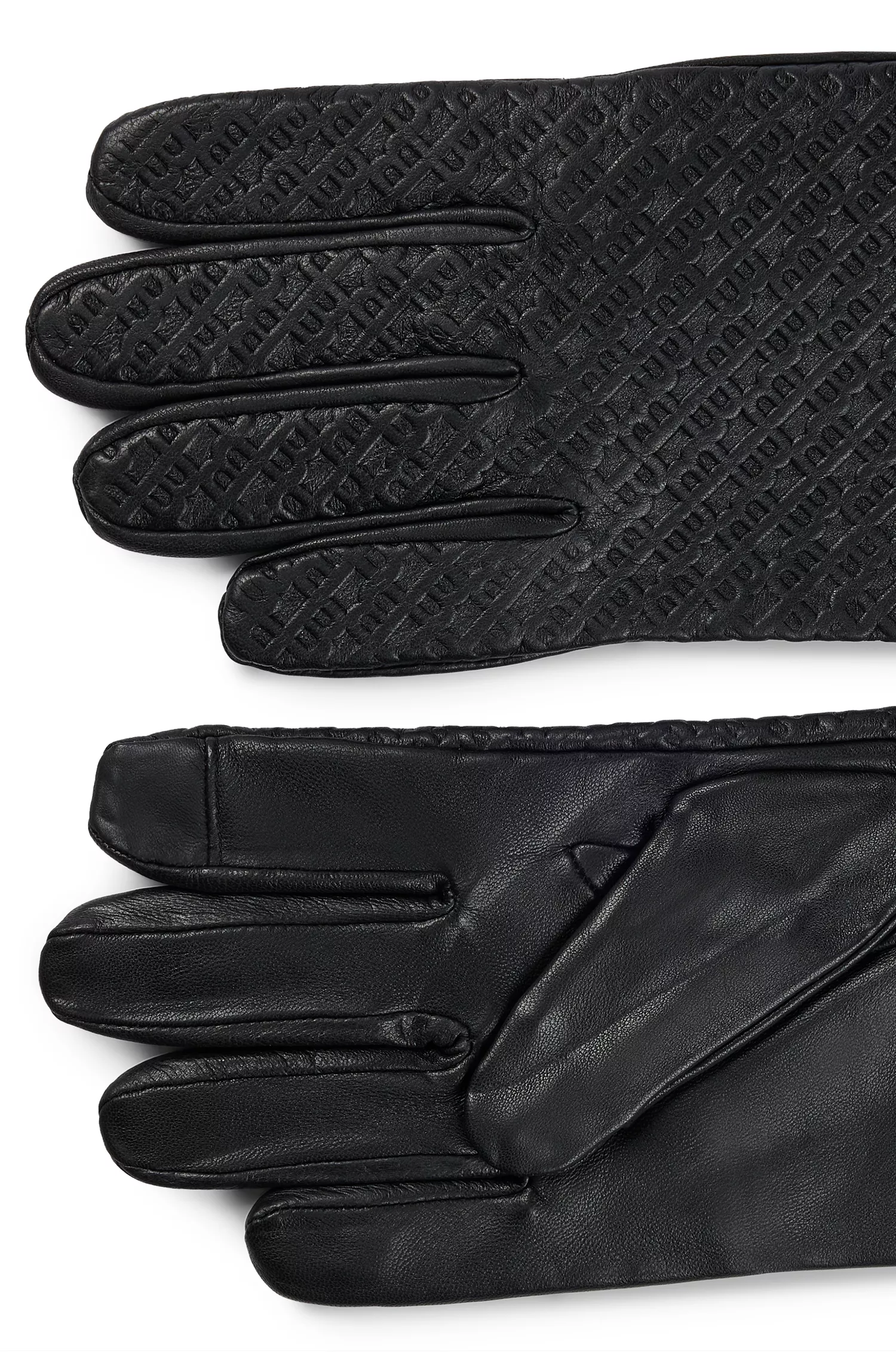 Luvas BOSS pretas com monograma, em couro e com pontas dos dedos compatíveis com telas sensíveis ao toque.