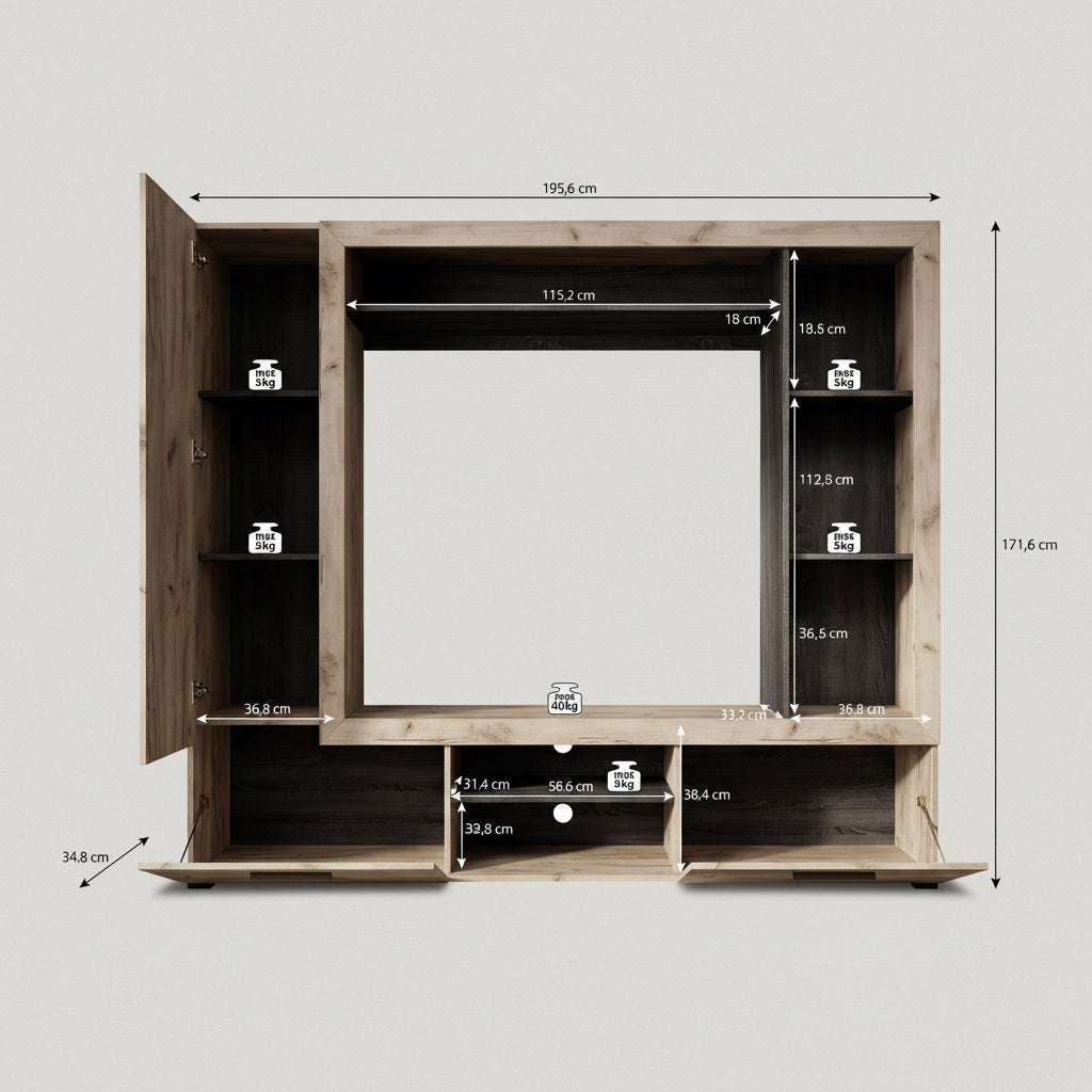 Loni - Wandmeubel - Grijs/zwart - 196x35x172 cm