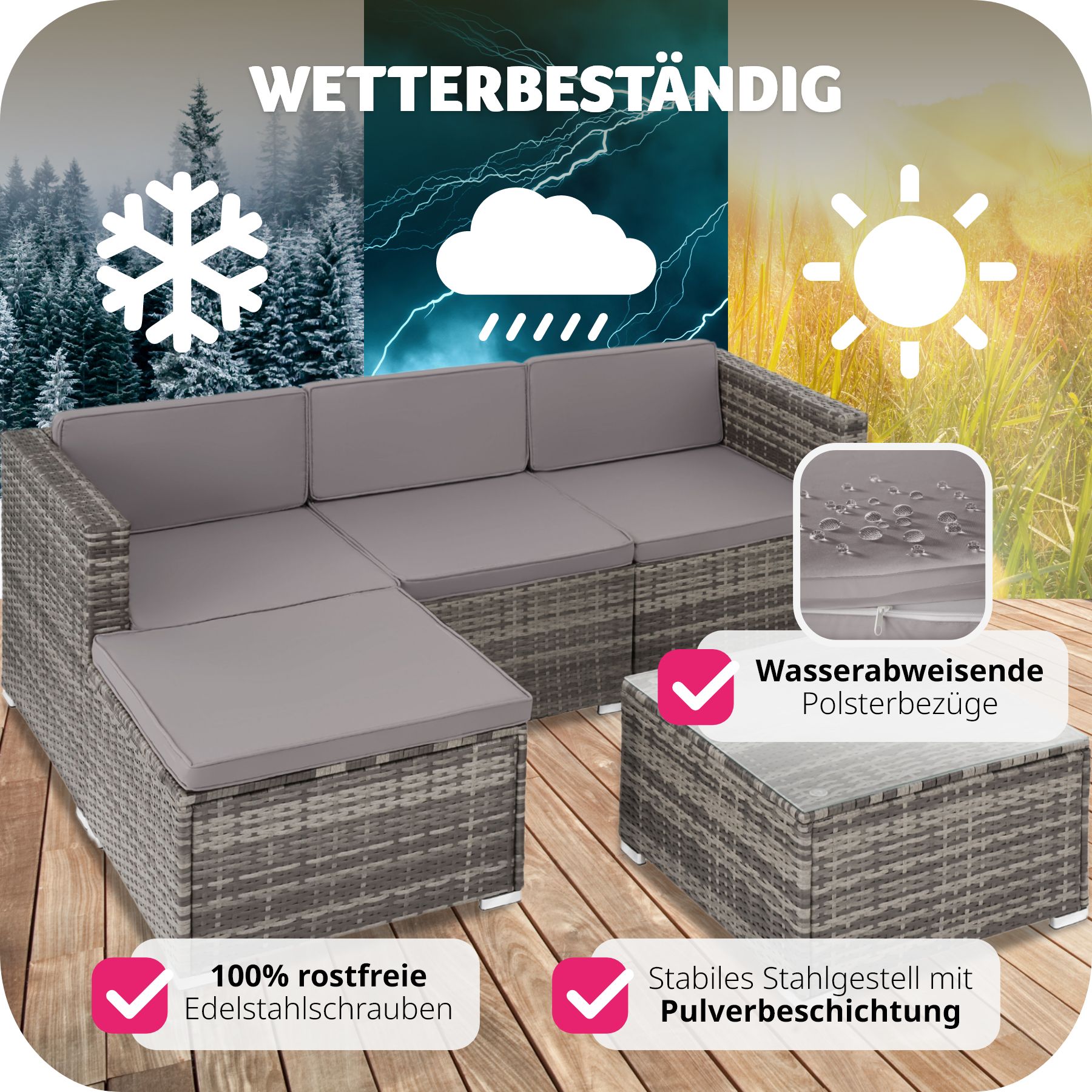 tectake® Rattan Lounge, für 3 bis 4 Personen, UV-beständig, variabel aufstellbar