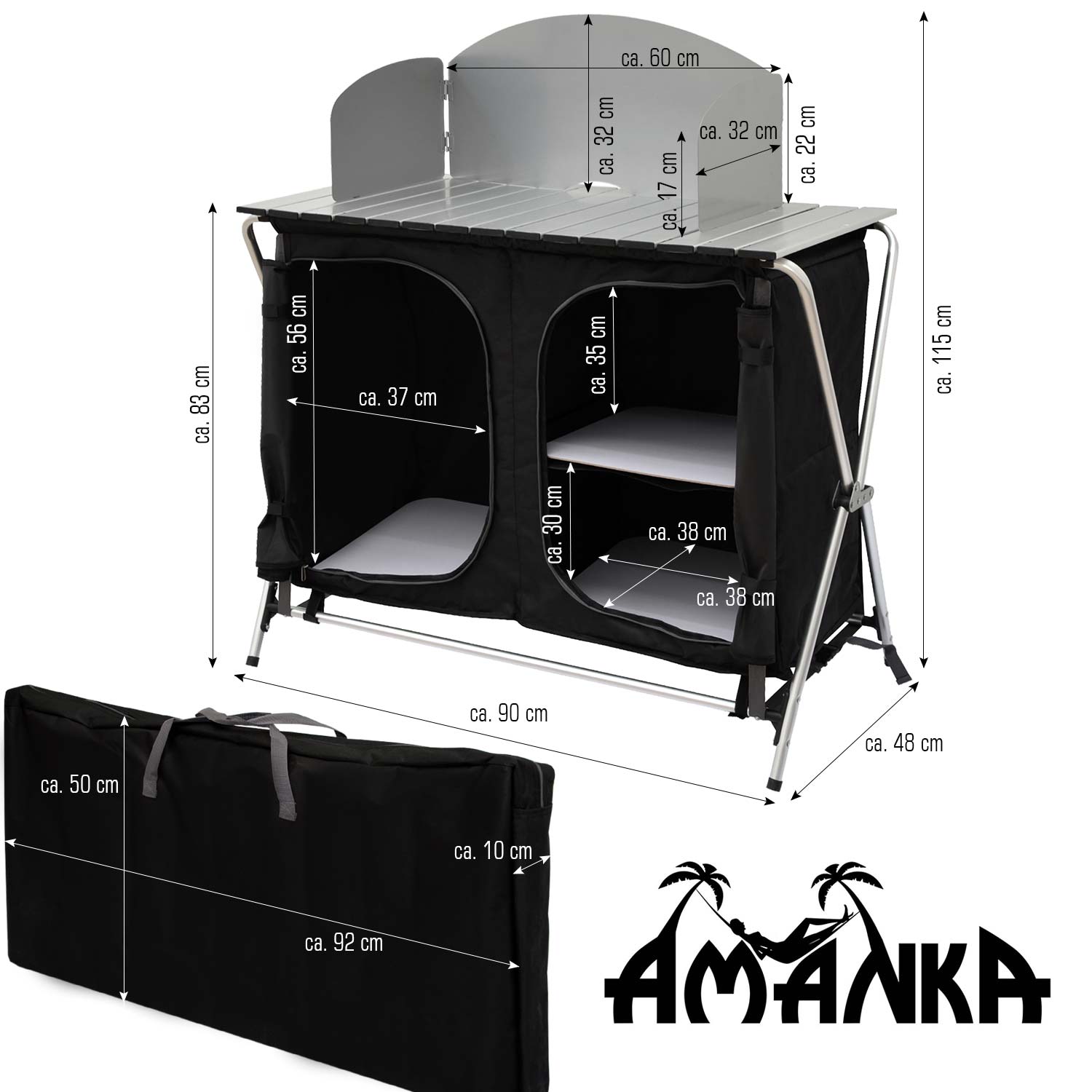 Camping-Küche inkl Windschutz 90x48x115cm 3 Fächer Campingschrank faltbar Kocher