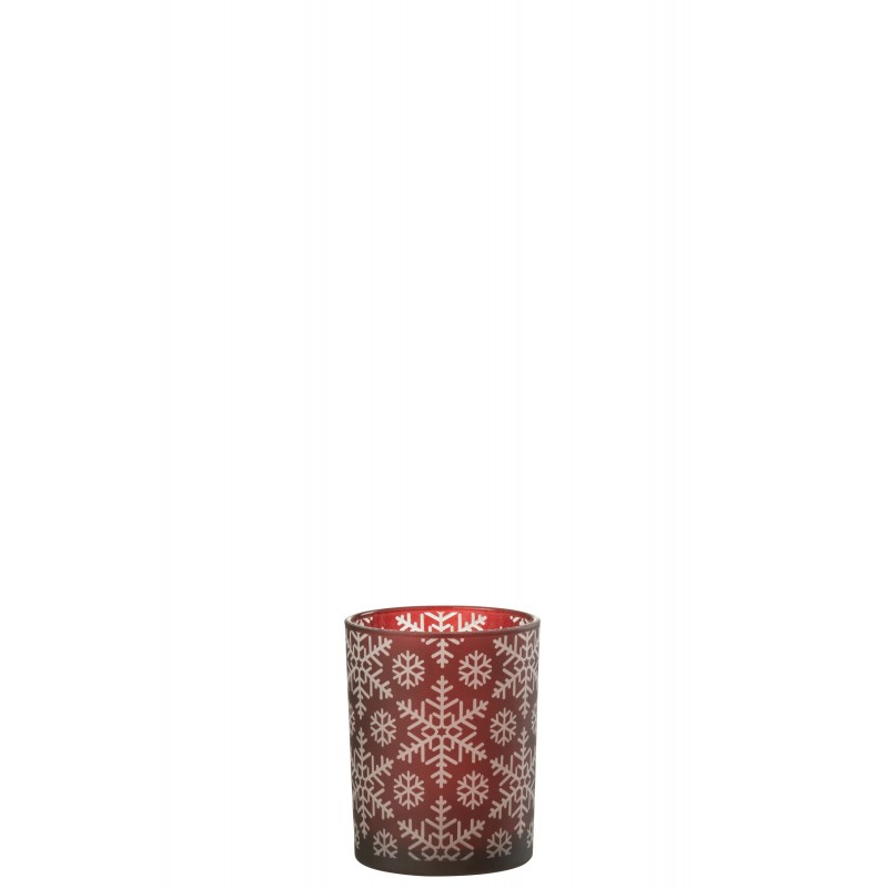 Photophore motif flocons en verre rouge 10x10x12.5cm