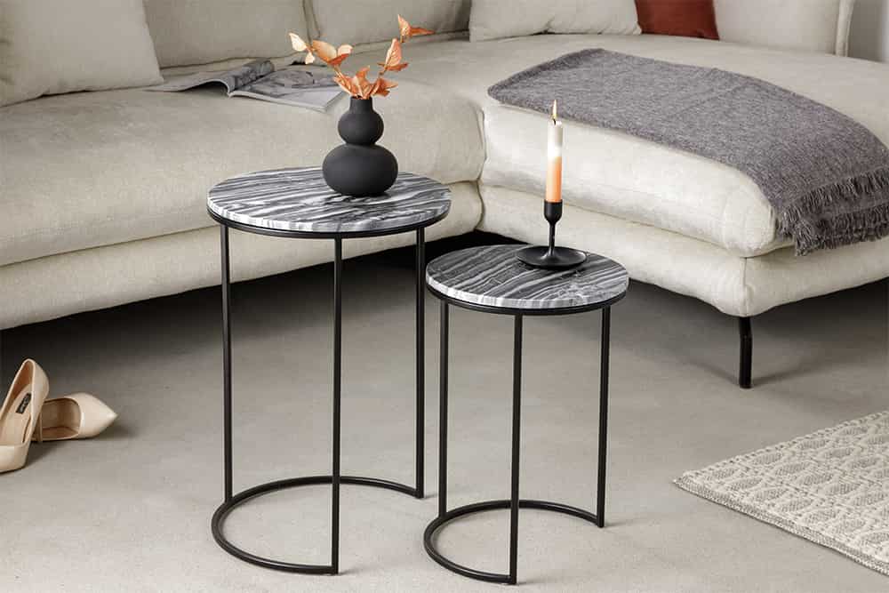 Design Beistelltisch 2er Set ELEMENTS 40cm grau Marmor schwarzes Gestell rund