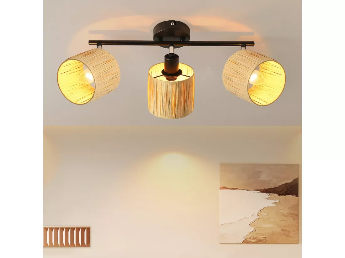 Spot De Plafond 3 Flammes E14 Noir Naturel Plafonnier Papier Salon