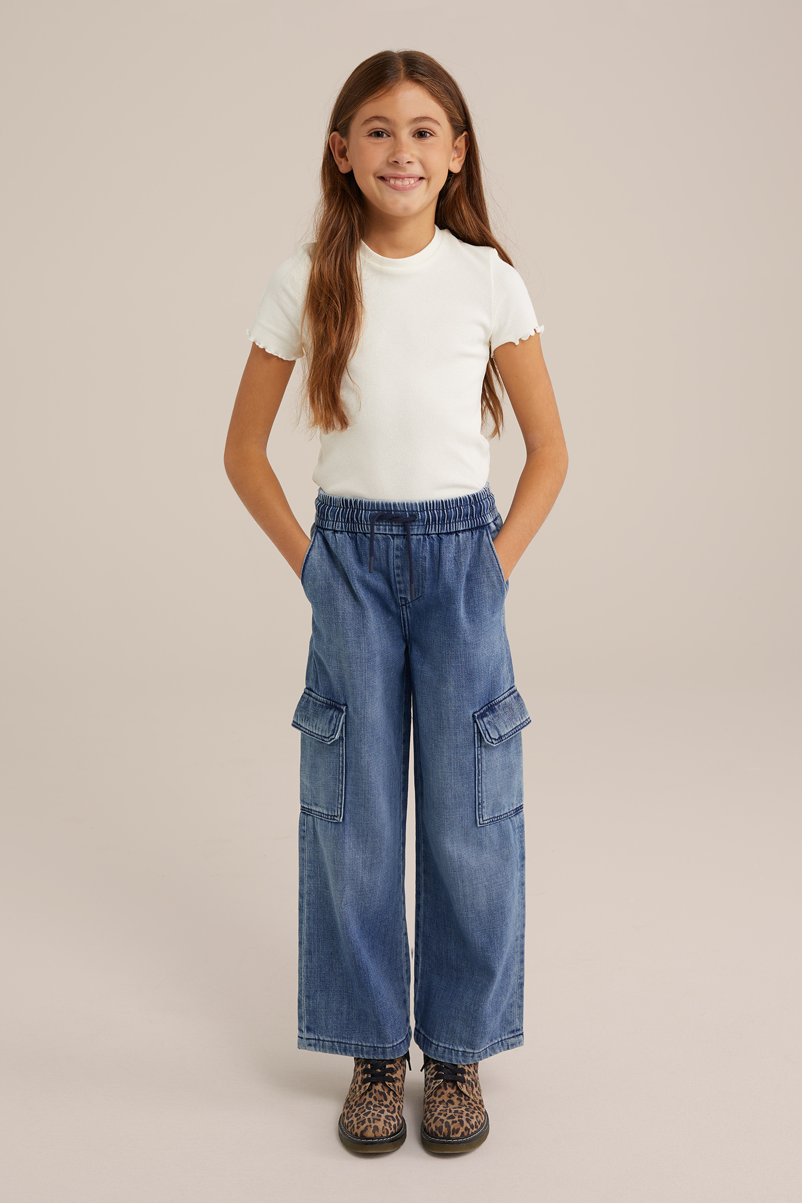 Meisjes T-shirt met ribstructuur WE Fashion Gebroken wit