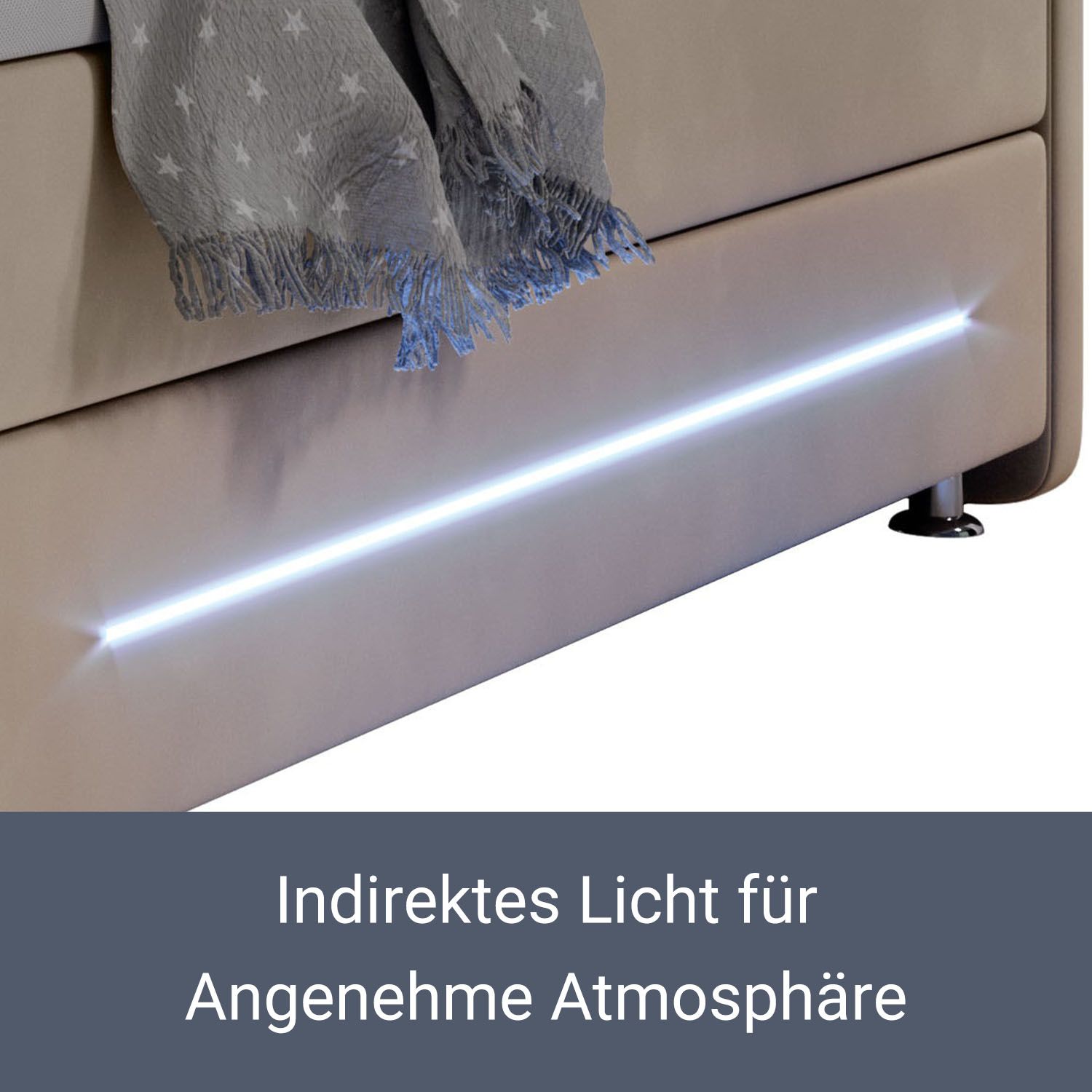 Juskys Boxspringbett Houston 140x200 cm - Bett mit LED, Topper & Federkern-Matratzen – Stoff Beige
