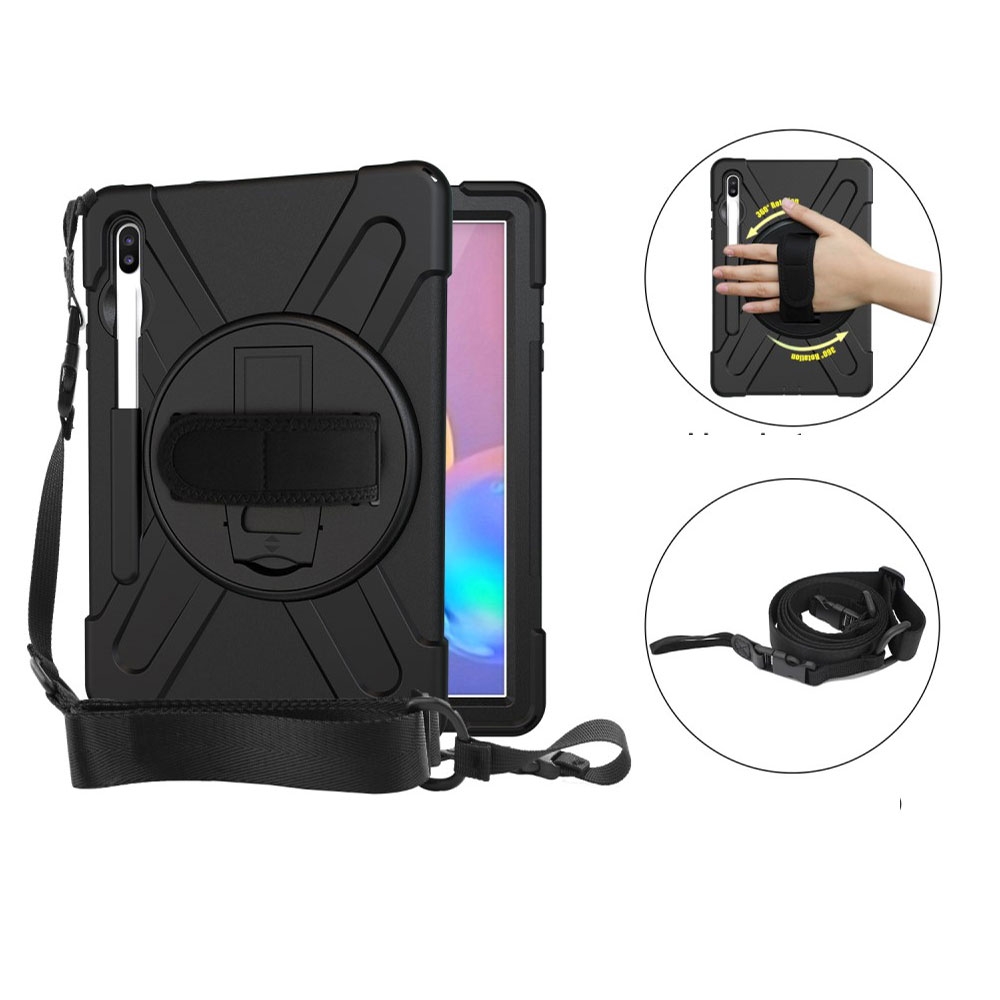 Samsung Galaxy Tab S6 Hybrid Outdoor Silikon Case Hülle mit Aufsteller und Handschlaufe und Schultergurt - Schwarz