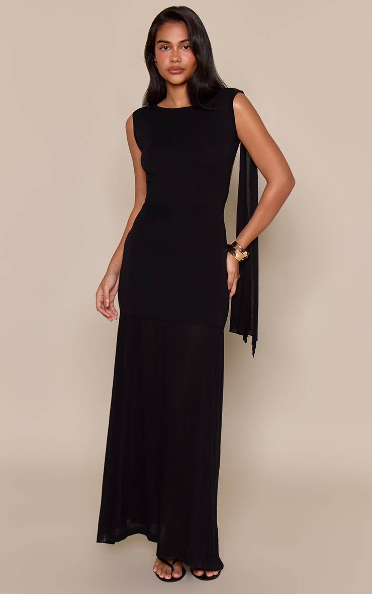 Noir Robe Maxi Tricotée À Détail Foulard Et Panneau Transparent