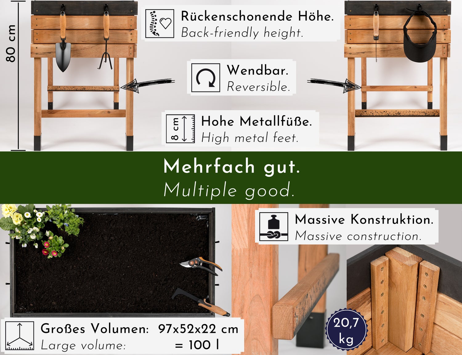 WONDERMAKE - Grote verhoogde tuinbak van kersenhout voor tuin, balkon en terras; XL hoogwaardige rechthoekige plantenbakset met binnenbak; kruidentuinbak, decoratief, donkerbruin/zwart