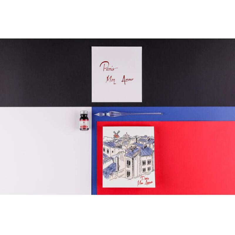 Moulin Rouge, Set de calligraphie 21x21 cm contenant une plume de verre, un flacon d'encre Moulin Rouge, un bloc de 52 feuilles
