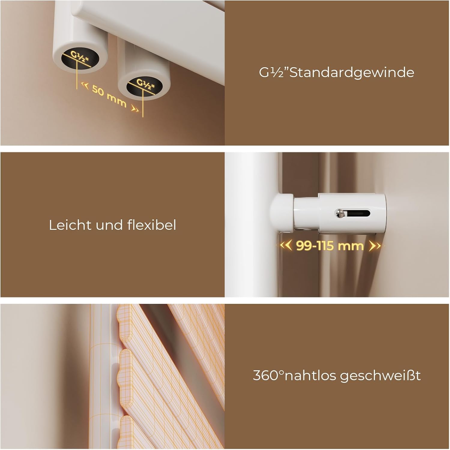 S'AFIELINA Design Badheizkörper Handtuchheizkörper Weiß Flach Paneel mit Mittelanschluss 1320x400mm Heizkörper für Bad Handtuchtrockner 570 Watt (Ohne Thermostatventil)