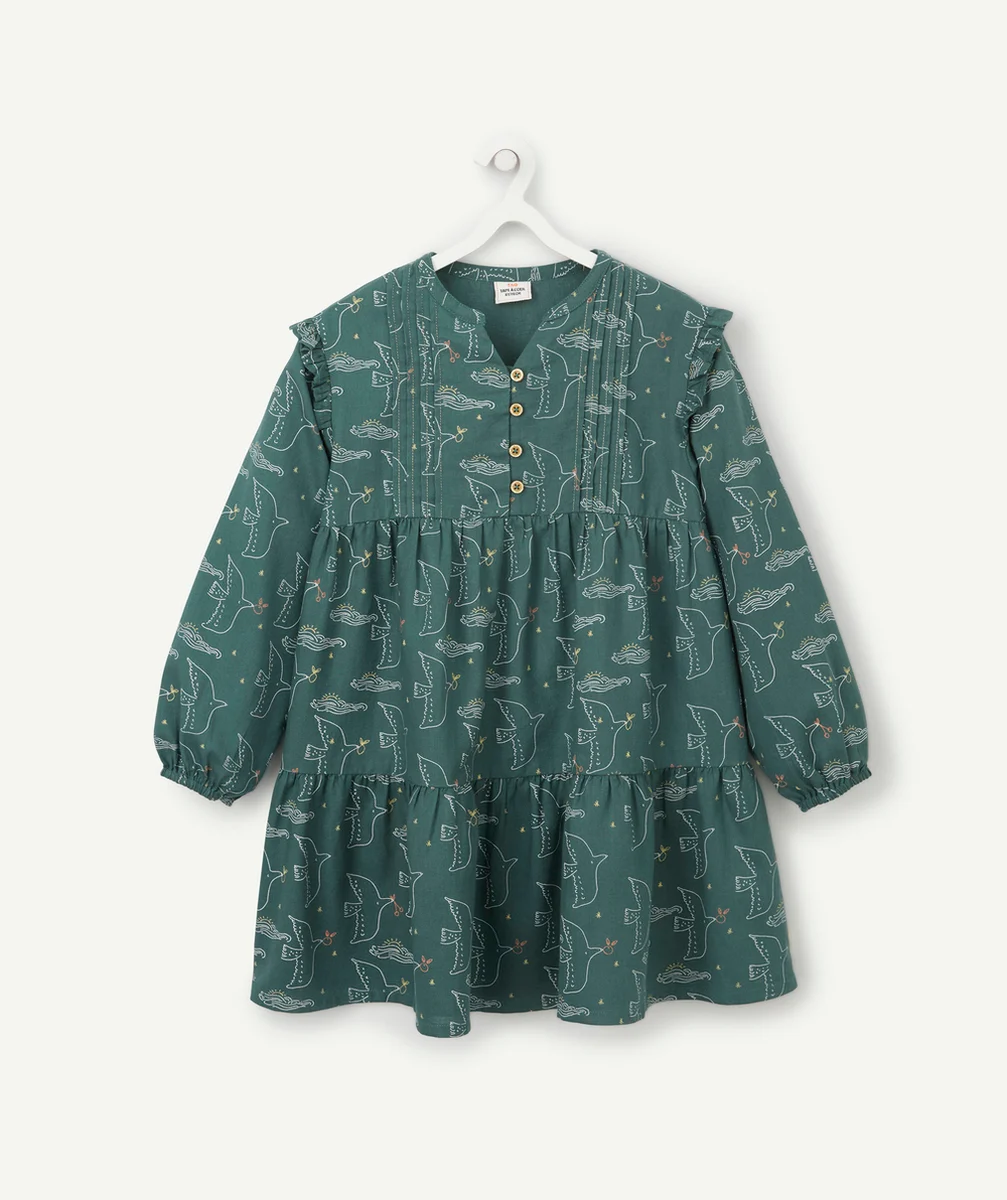 ROBE FILLE EN COTON VERT FONCÉ AVEC MOTIFS OISEAUX ET VAGUES