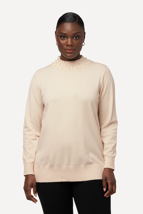 Pullover, Perlen, Stehkragen, Langarm, weicher Feinstrick