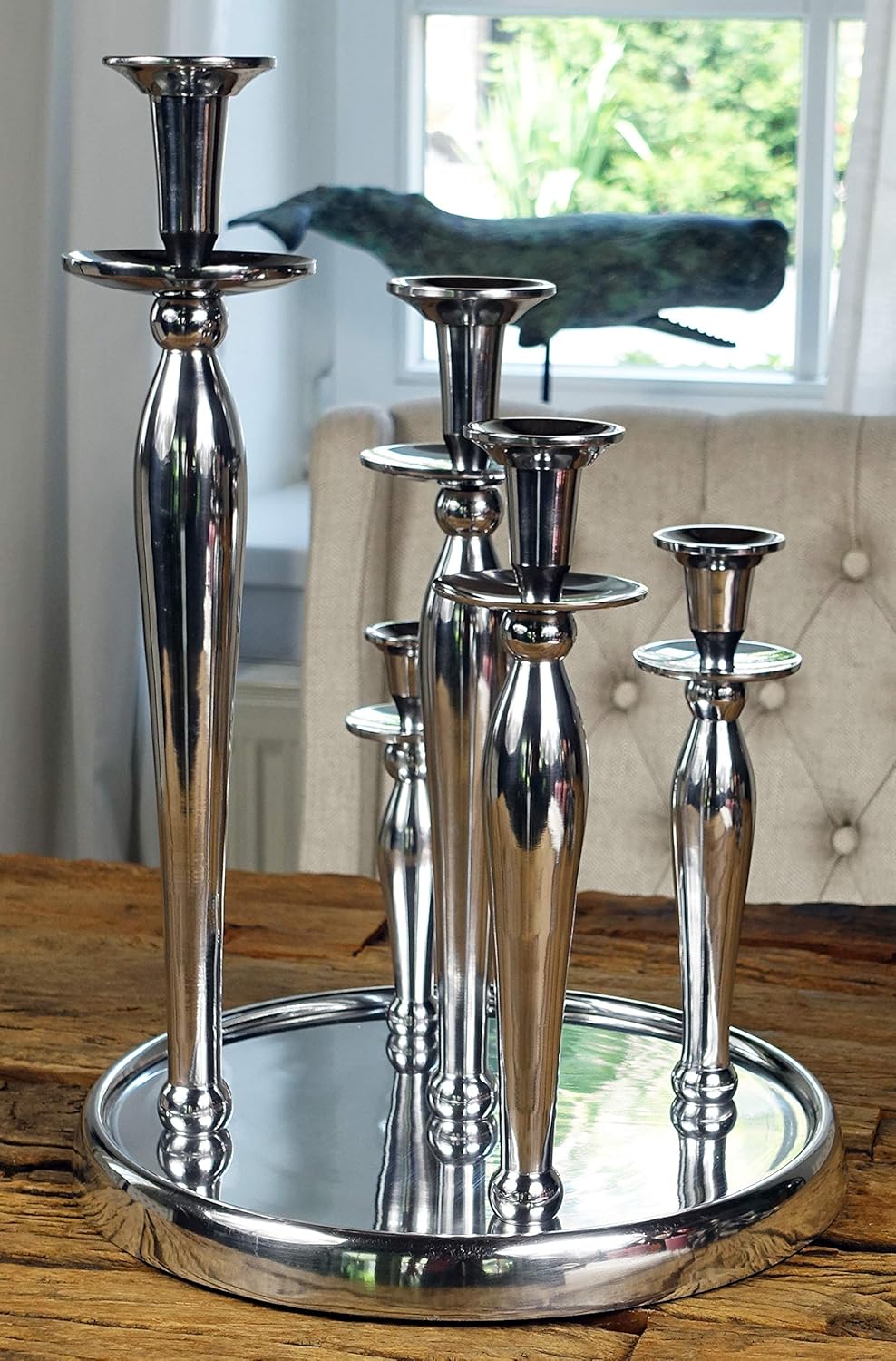 MichaelNoll Kerzenständer Kerzenhalter 5-Armig Aluminium Silber Poliert - Kerzenleuchter Groß auf Tablett - Deko Dekoration Modern Wohnzimmer - XL 31x31x44 cm