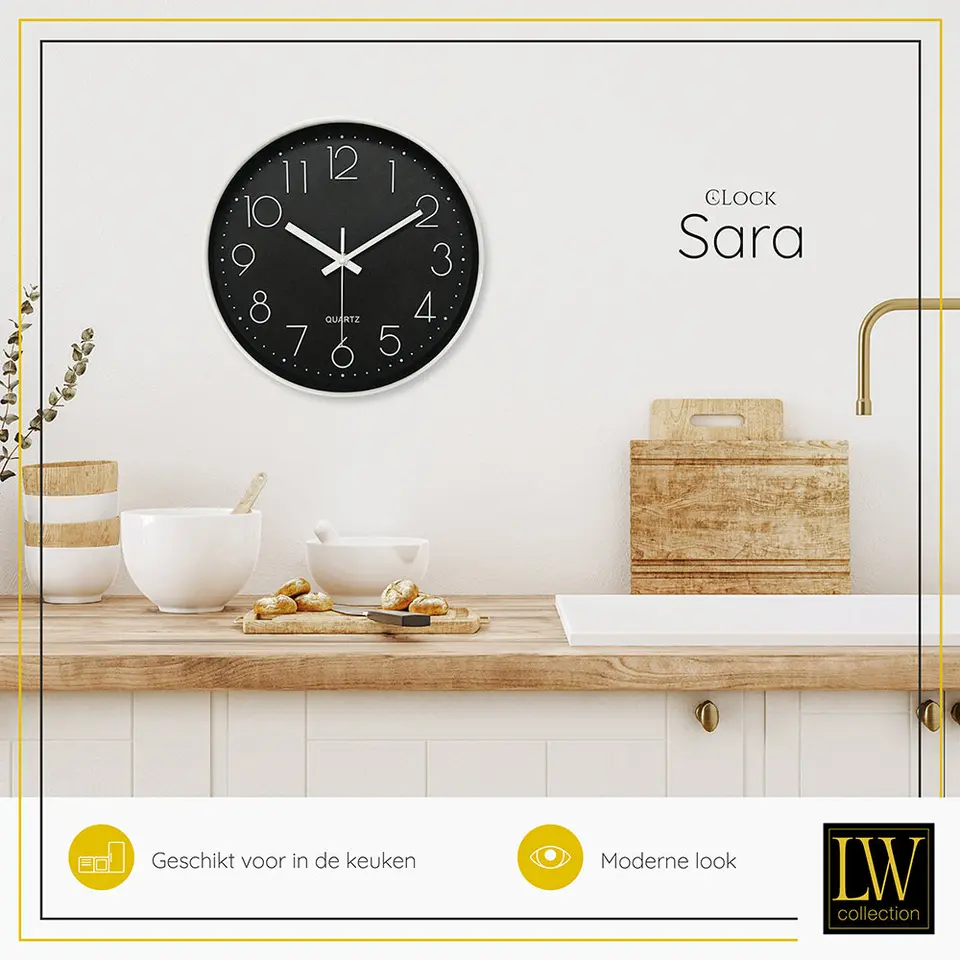 LW Collection Keukenklok Sara zwart wit 30cm
