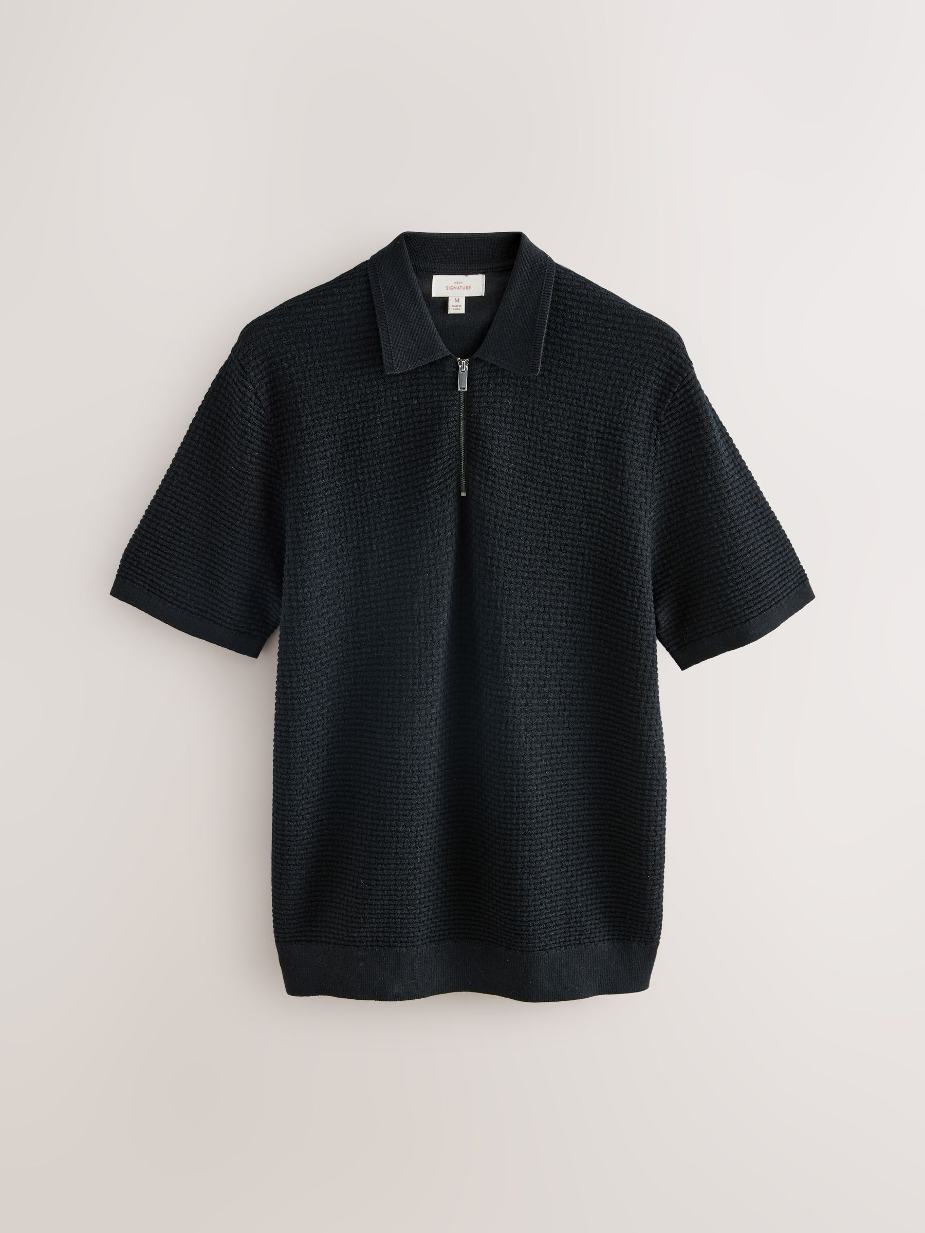 Zwart - Regular Fit Signature 100% Merino Wol Textuur Korte Mouw Kwart Ritssluiting Gebreid Poloshirt