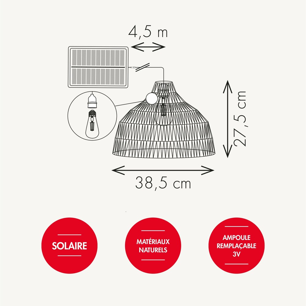 Lustre solaire areca - ampoule filament remplaçabe - blanc chaud - matérieaux naturels - chromex