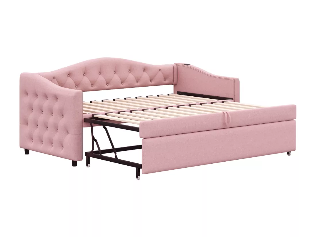 Lit gigogne 90x200cm & 90x190cm en lin - avec port USB et sommier à lattes - Rose