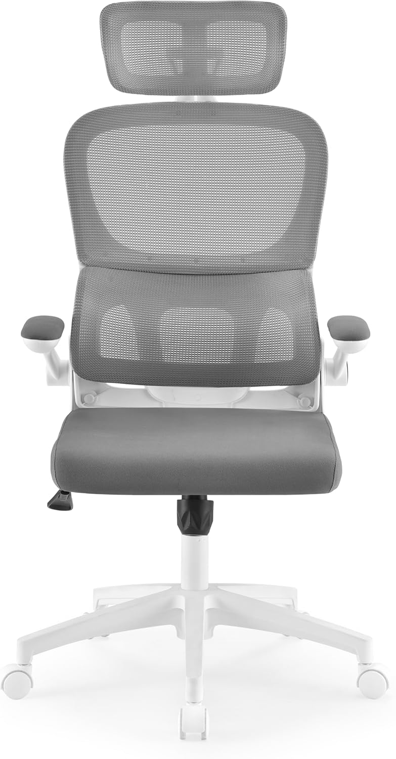 Drehstuhl ergonomisch ERGOMY Flex Armlehnen klappbar, Bürostuhl mit Flexibler Lordosenstütze, Netz Rückenlehne, Stoff Grau