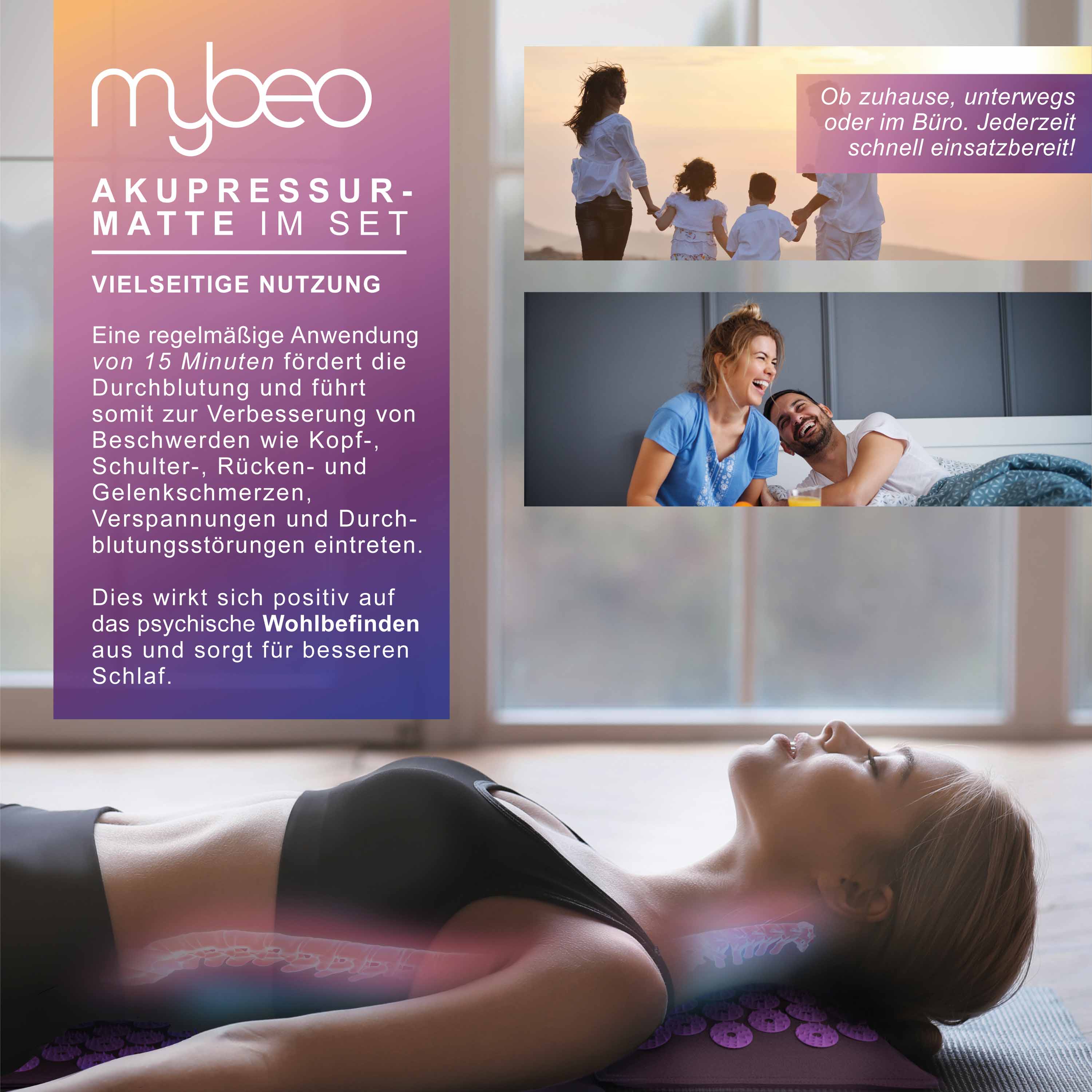 MyBeo Akupressurmatte mit Kissen + Massageball gegen Nacken und Rückenschmerzen, Akupressur Set, 71 x 44cm, Rosa