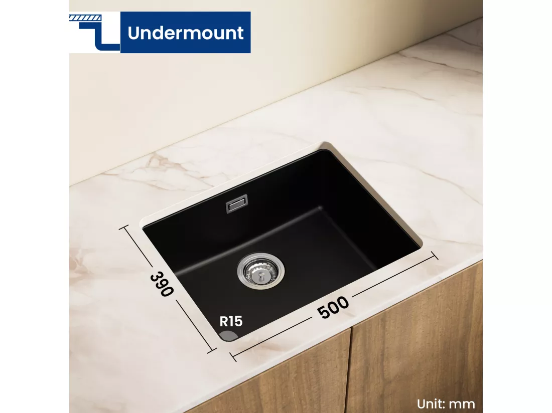 Evier 1 Bac en Quartz et Résine, 3 Options de Montage, 55*44*20cm + Robinet de Cuisine à eau Froide,Noir