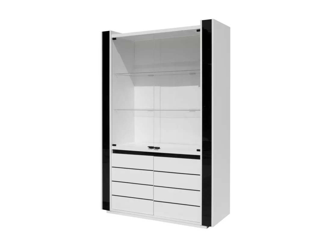 Vitrine / argentier / vaisselier LINA coloris blanc avec façades blanches et noires brillantes – 120 x 185 x 45 cm