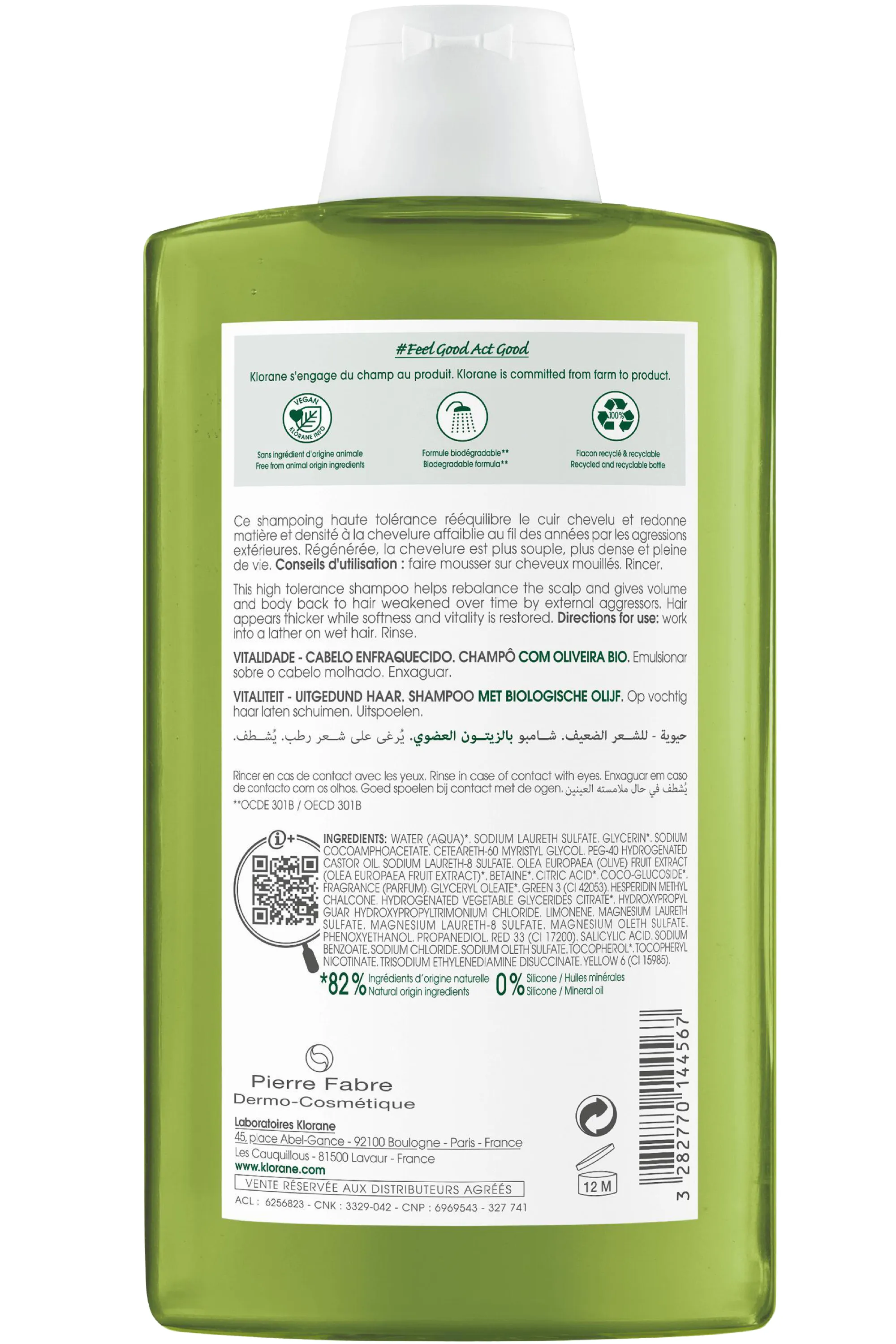 Klorane Shampoing épaisseur et vitalité à l’Olivier bio pour cheveux affinés-400 ml
