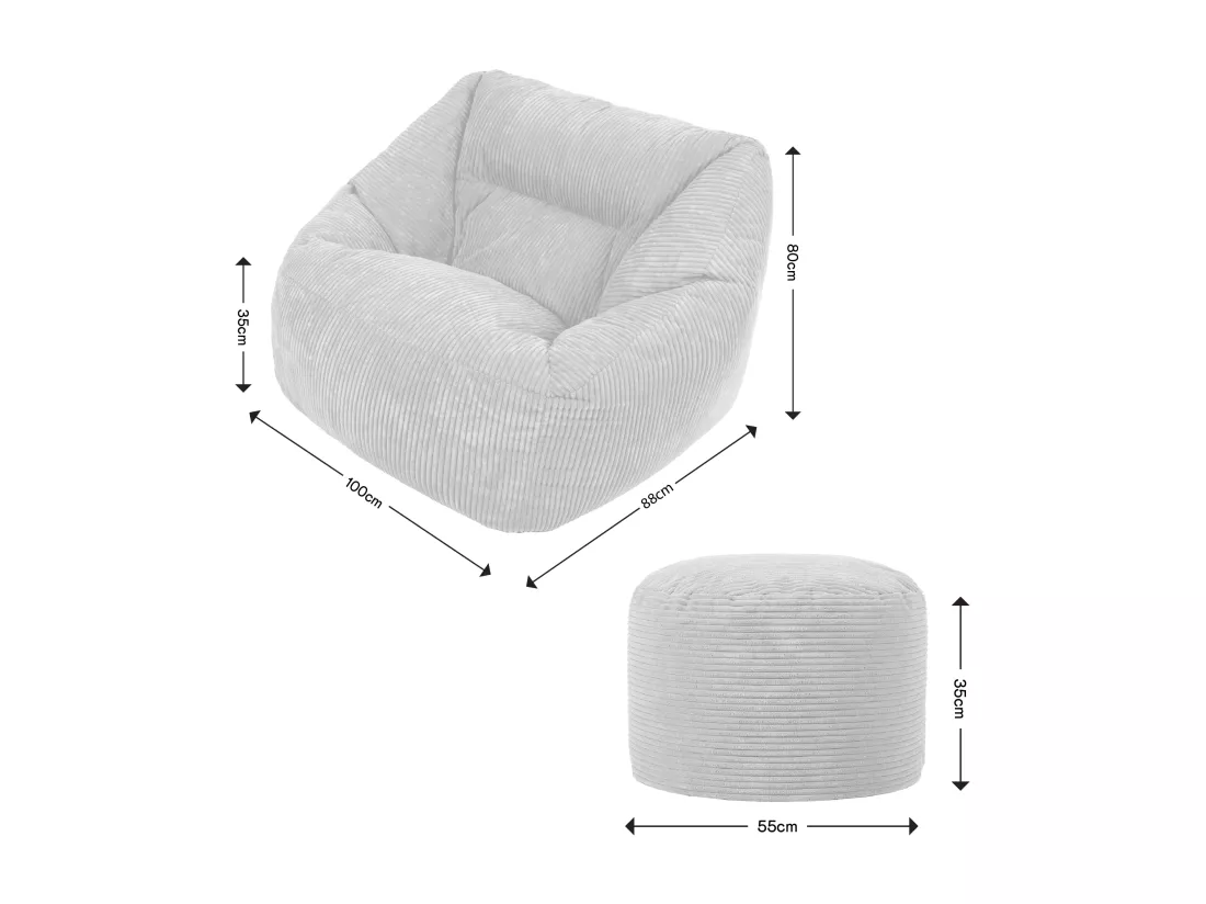 Pouf fauteuil avec repose-pied rond velours côtelé bleu canard - MORGAN