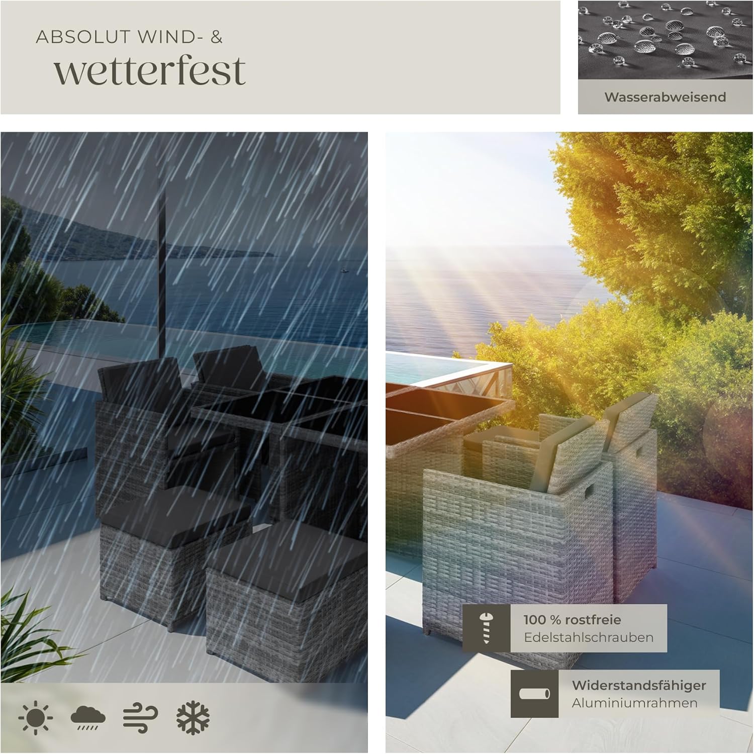 tectake® Lounge Möbel Set 4X Stühle, 4X Hocker, 1x Tisch, platzsparende Cube Aufbewahrung, Outdoor Rattan Gartenmöbel für Balkon, Garten und Terrasse, mit Abdeckung und Wechselbezügen - grau