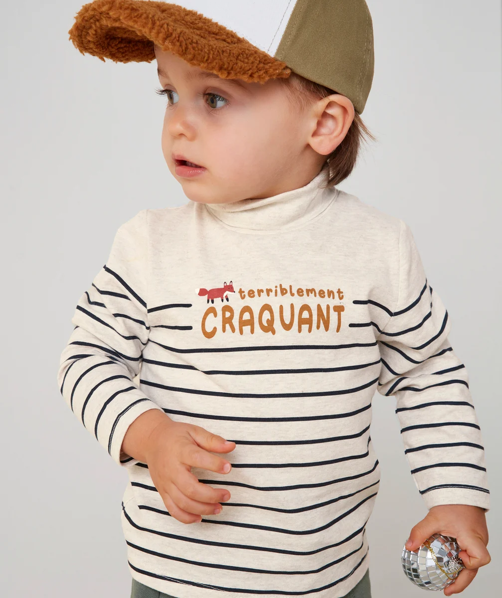SOUS-PULL BÉBÉ GARÇON EN COTON BIO GRIS CHINÉ À RAYURES