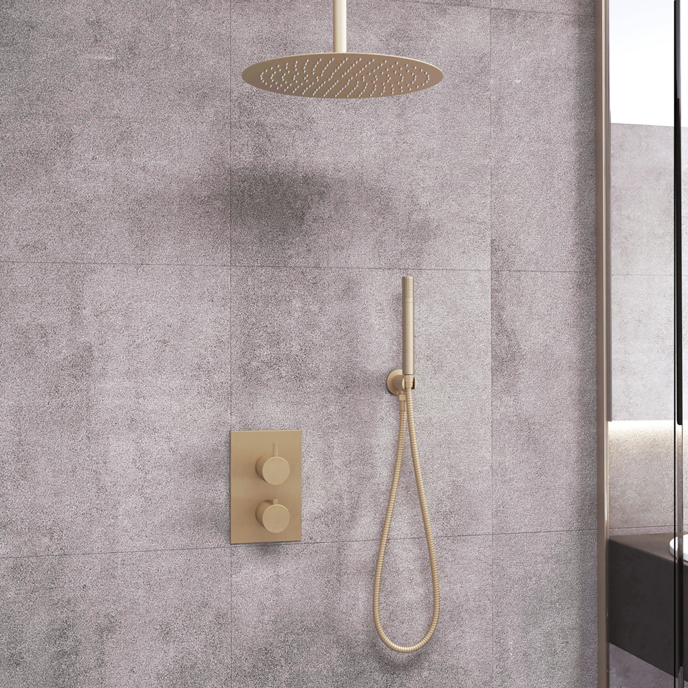 Saniclear Brass inbouw regendouche met plafondarm en 30cm hoofddouche geborsteld messing / mat goud