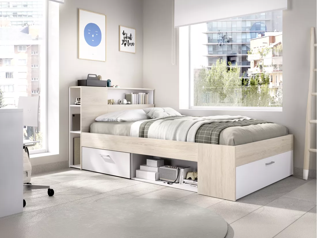 Lit avec tête de lit rangements et tiroir - 120 x 190cm - Coloris : Naturel et blanc + Sommier - LEANDRE