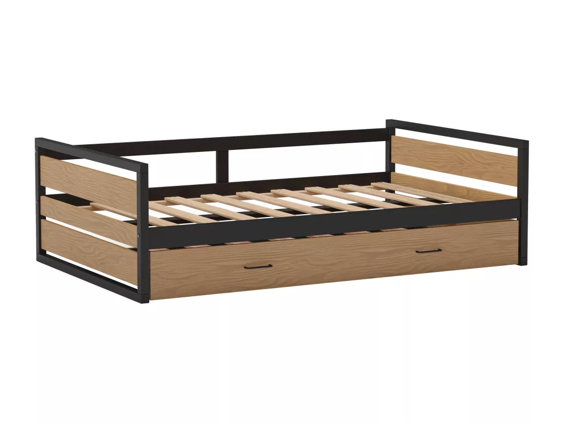 Lit gigogne 120 x 200 et 90 x 200 cm - MDF, Pin et métal - Naturel et anthracite + Matelas - BOSTON