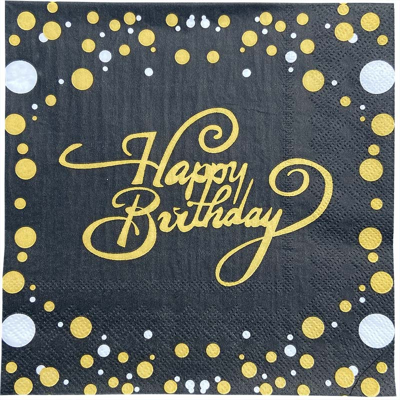 (40er Set) 33x33cm Happy Birthday Einweg Servietten Party Tisch Dekoration - Schwarz / Gold
