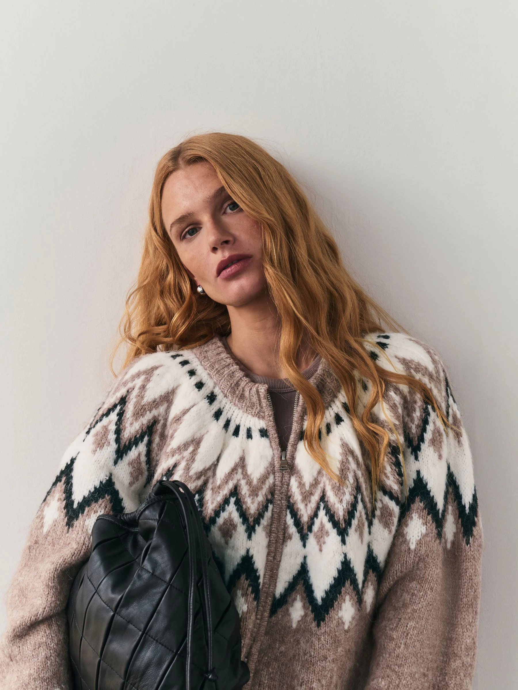 Taupe - Nothing Ordinary Check Fairisle Pattern Knit Zip Through Jumper With Wool