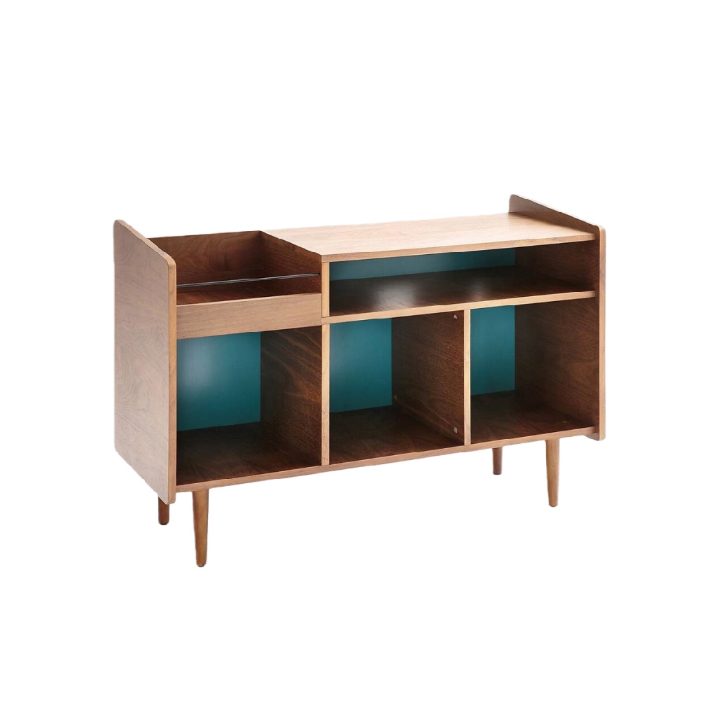 Meuble TV vintage en bois avec rangements ouverts