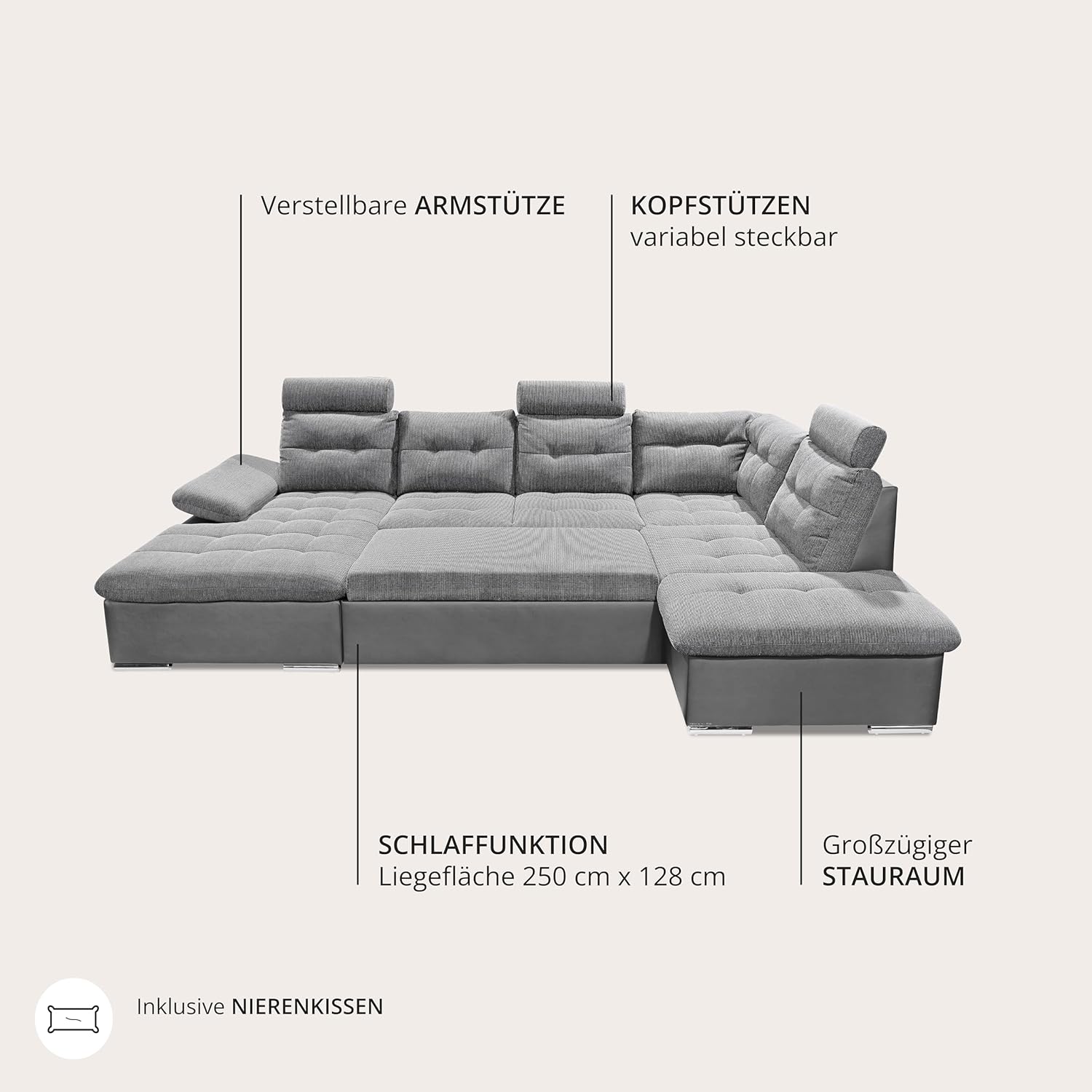 JAKARTA Wohnlandschaft in U-Form in Lederoptik, Dunkelgrau / Anthrazit - Ausziehbares Sofa mit Schlaffunktion & Bettkasten - 324 x 107 x 170 (218) cm (B/H/T)