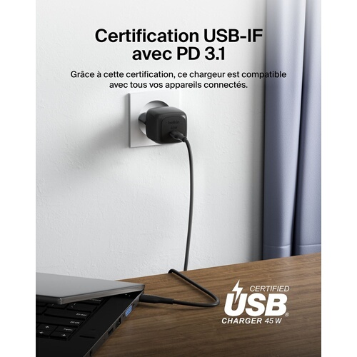 Chargeur pour téléphone mobile Belkin secteur USB-C 45W, avec câble d'un mètre USB-C vers USB-C inclus, noir.