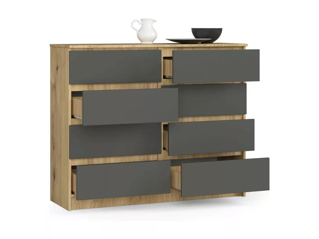 Commode AKORD K120 Chêne Artisan 120 cm 8 tiroirs façade Gris Graphite 120x40x99 cm