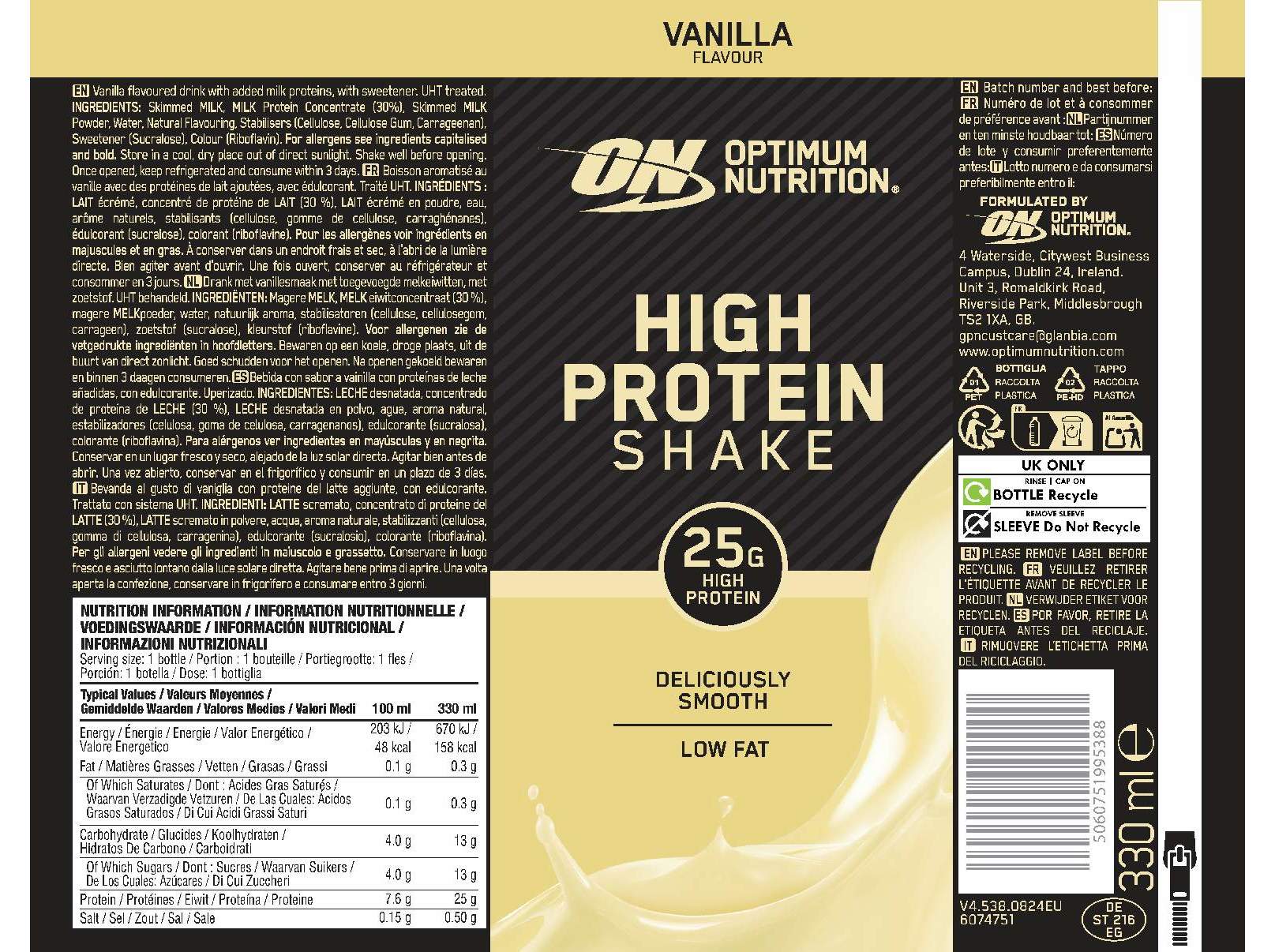 BATIDO PRONTO A BEBER OPTIM NUT PROTEINA BAUNILHA 330ML